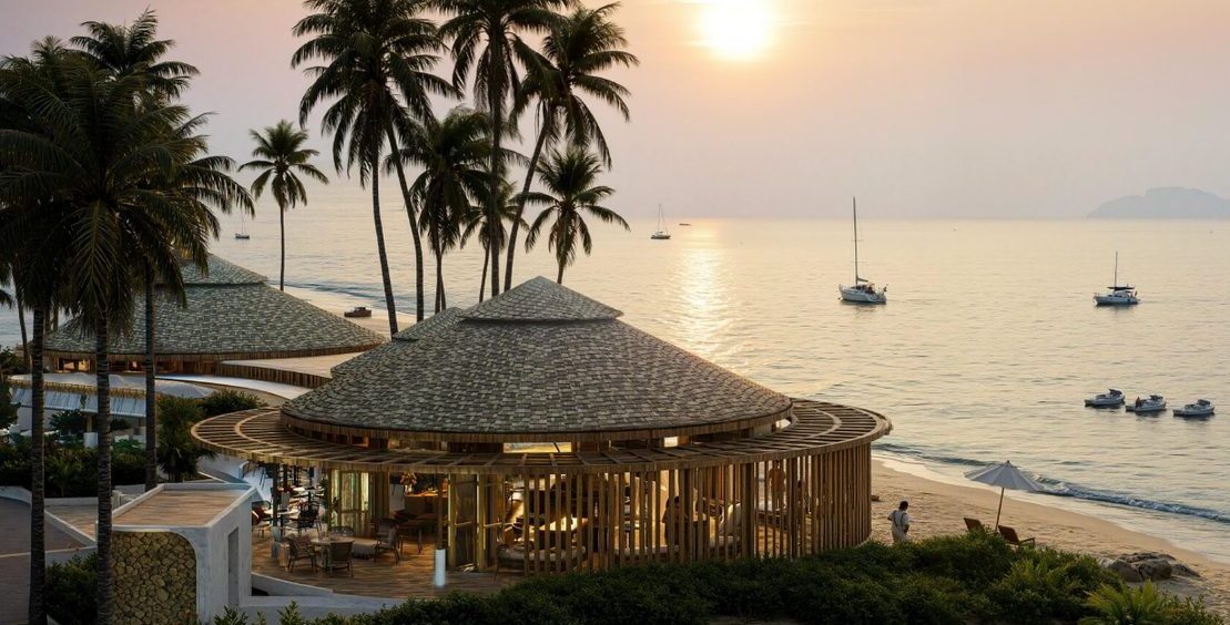 Beachfront resort at sunset — artist's impression